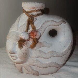 Sun Face Ceramic Vase - White and Brown